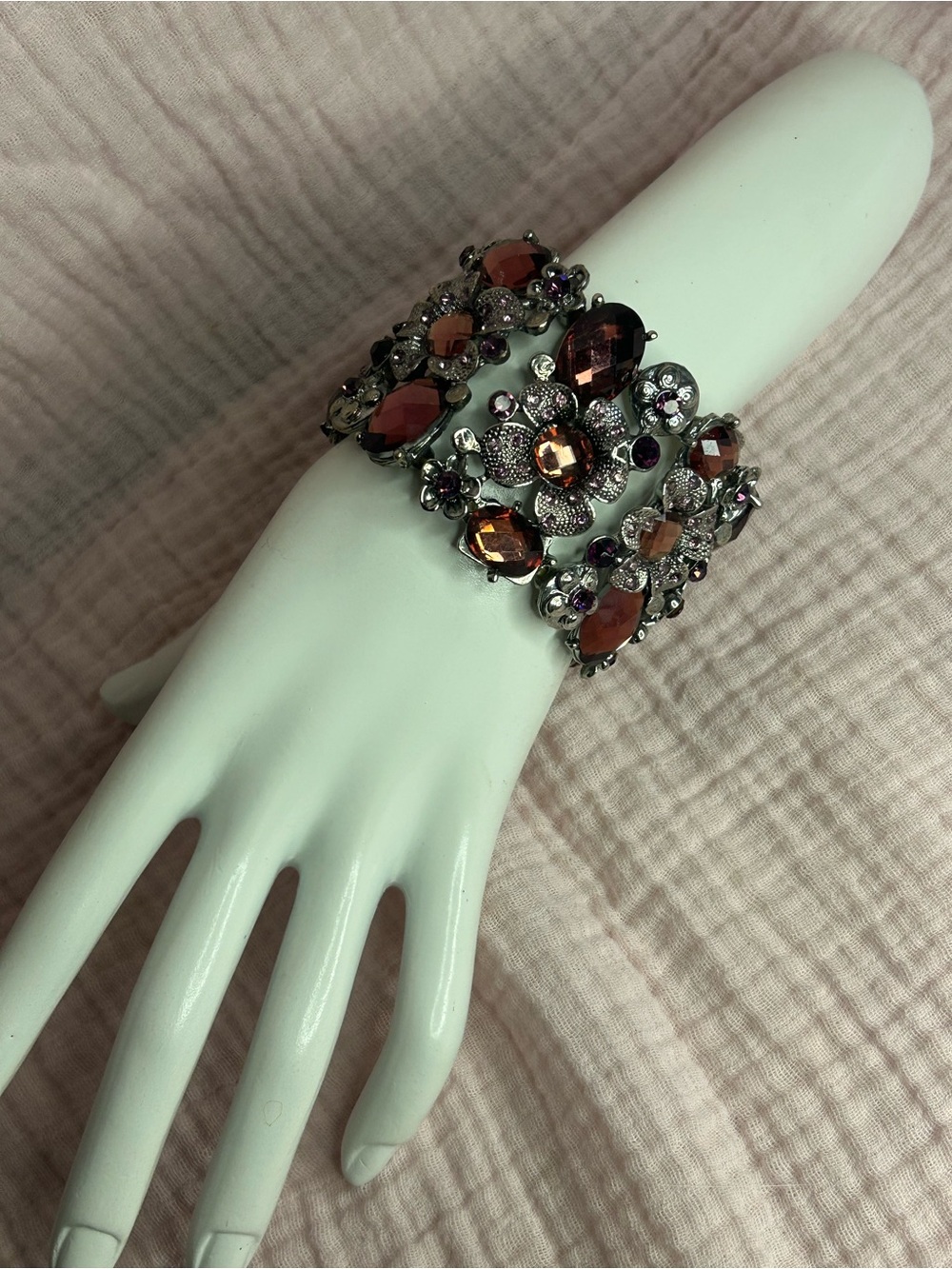 Gunmetal Floral Stretch Bracelet | Plum Crystal Statement | Missing Accent Stone
